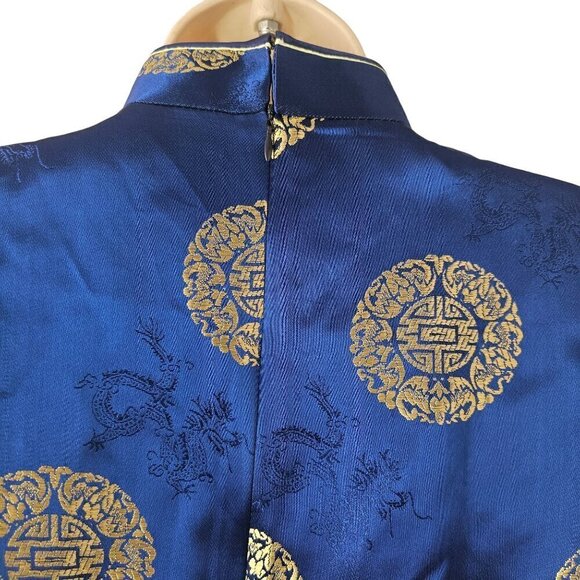 Kevin T Chinese Silk Qipao Top + Long Skirt Set S/M Thigh High Slits Blue Gold - Picture 7 of 10